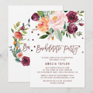 Autumn Floral Rose Gold Light Bachelorette Party Invitation