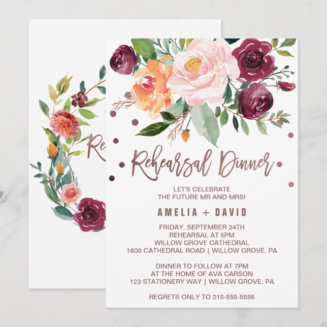 Autumn Floral Rose Gold Light Rehearsal Dinner Invitation (Front/Back)