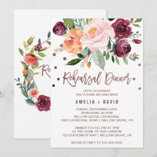 Autumn Floral Rose Gold Light Rehearsal Dinner Invitation