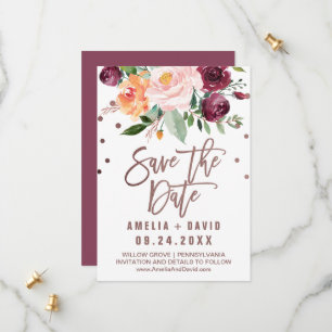 Autumn Floral Rose Gold Light Save the Date Card