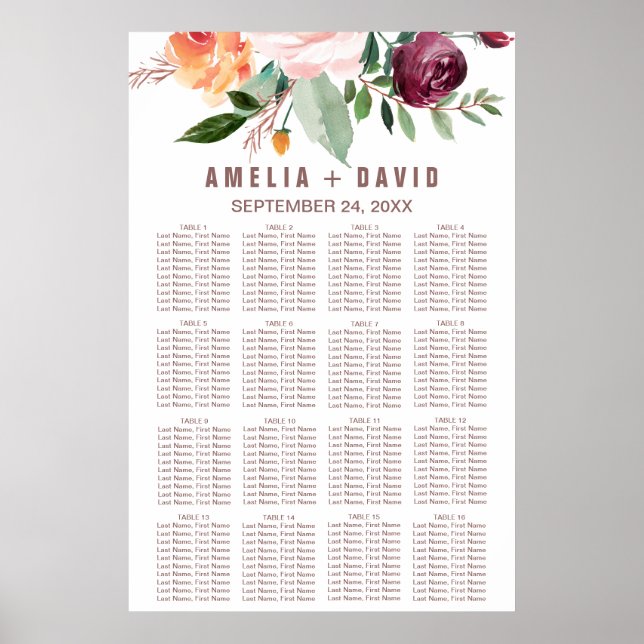 Autumn Floral Rose Gold Light Seating Chart (Front)