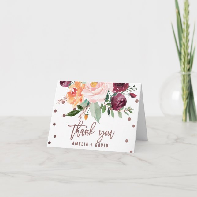 Autumn Floral Rose Gold Light Thank You Card (Front)
