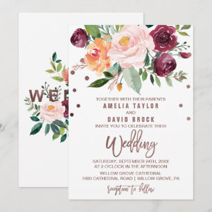 Autumn Floral Rose Gold Light Typography Wedding Invitation