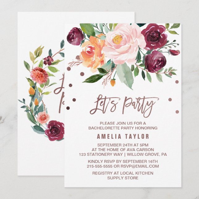 Autumn Floral Rose Gold Light Wreath Let's Party Invitation (Front/Back)