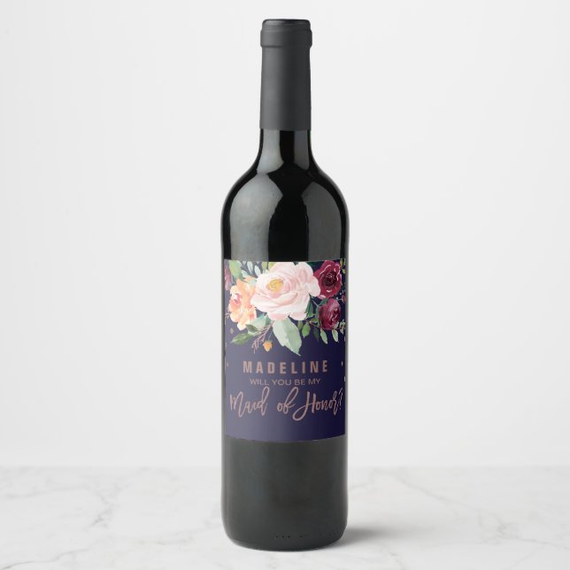 Autumn Floral Rose Gold Maid of Honour Wine Label (Front)