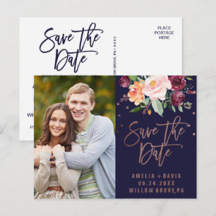 Autumn Floral Rose Gold Save the Date Photo Announcement Postcard