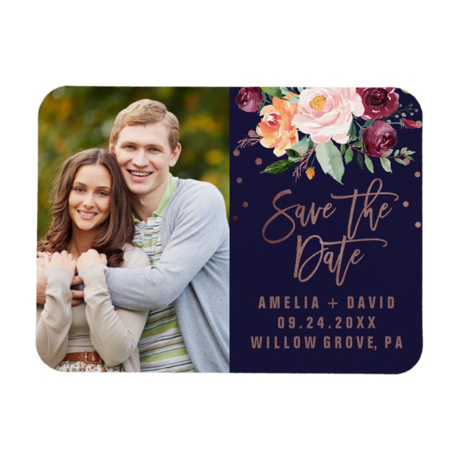 Autumn Floral Rose Gold Save the Date Photo Magnet (Horizontal)