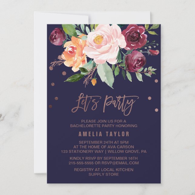 Autumn Floral Rose Gold Wreath Backing Let's Party Invitation (Front)