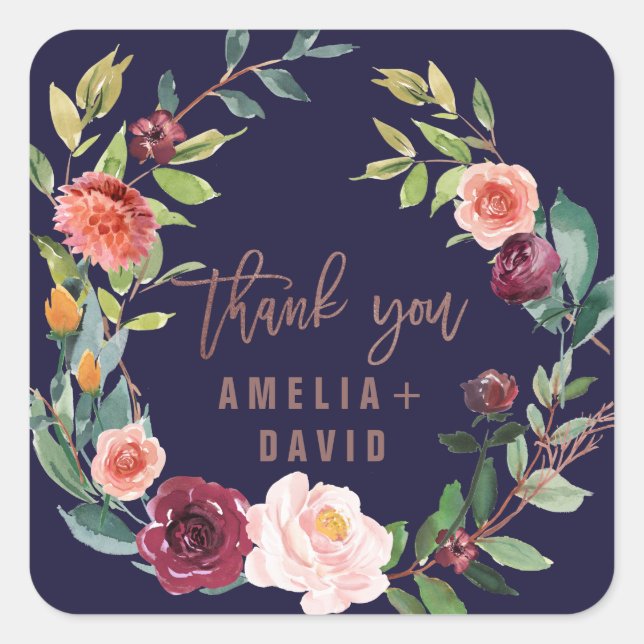 Autumn Floral Rose Gold Wreath Thank You Favour Square Sticker (Front)