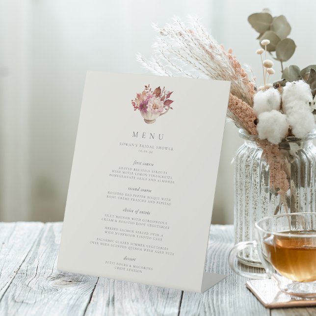Autumn Floral Teacup Fall Bridal Shower Menu Pedestal Sign (Creator Uploaded)