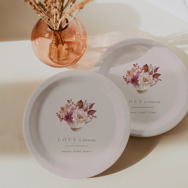 Autumn Floral Teacup Love Is Brewing Bridal Shower Paper Plate (Creator Uploaded)