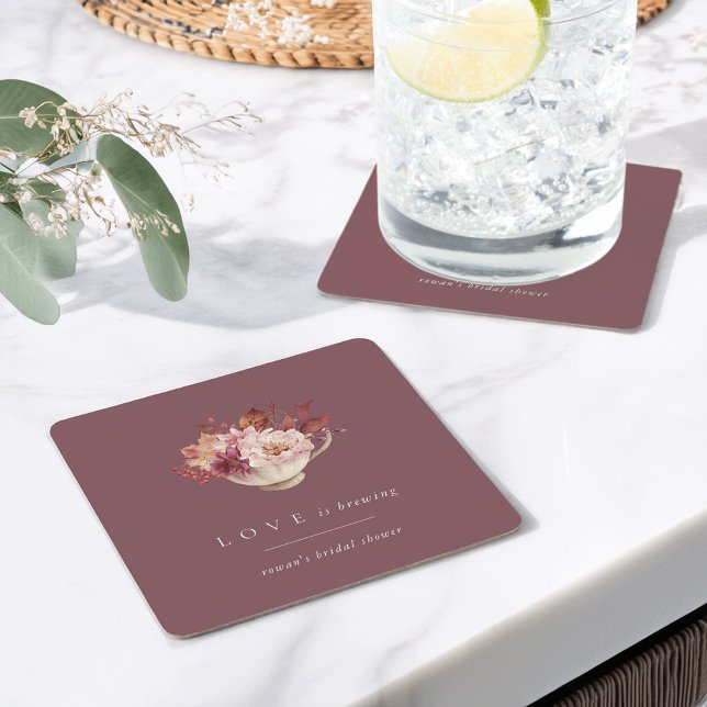 Autumn Floral Teacup Love Is Brewing Bridal Shower Square Paper Coaster (Creator Uploaded)