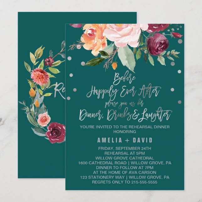 Autumn Floral | Teal Rehearsal Dinner Invitation (Front/Back)