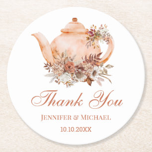 Autumn Floral Teapot Wedding Favour Thank You Round Paper Coaster