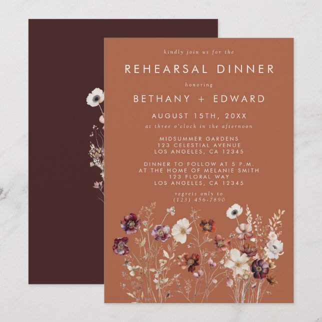 Autumn Floral Terracotta Rehearsal Dinner Invitation (Front/Back)