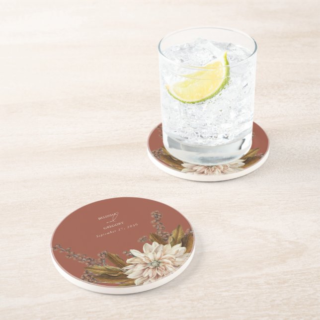 Autumn Floral Terracotta Watercolor Fall Wedding Coaster (Side)