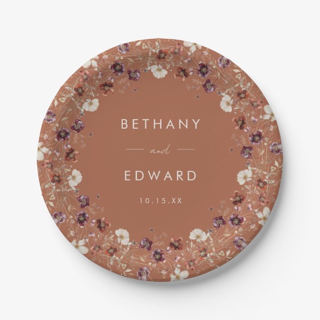 Autumn Floral Terracotta Wedding Paper Plate (Front)
