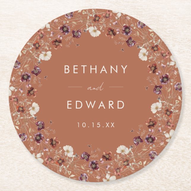 Autumn Floral Terracotta Wedding Round Paper Coaster (Front)