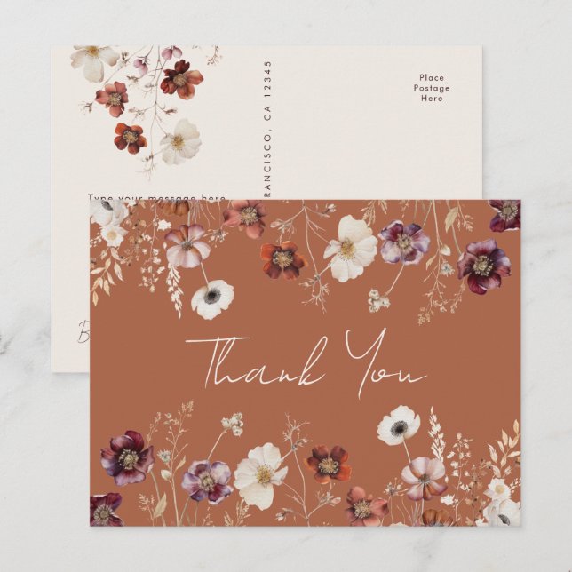 Autumn Floral Terracotta Wedding Thank You Postcard (Front/Back)