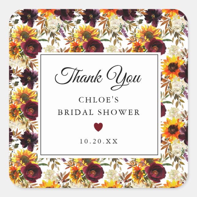 Autumn Floral Thank You Bridal Shower Square Sticker (Front)