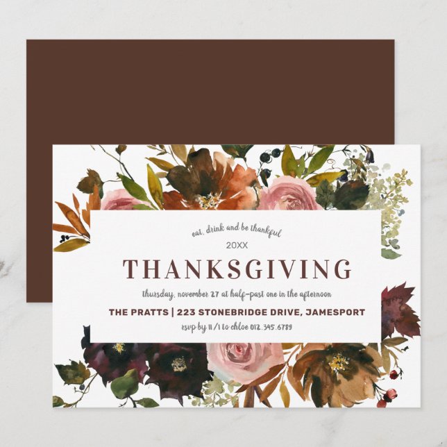 Autumn Floral Thanksgiving Dinner Invitation (Front/Back)