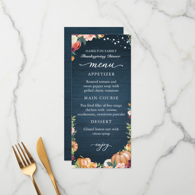 Autumn Floral Thanksgiving Dinner Menu Card (Front/Back In Situ)