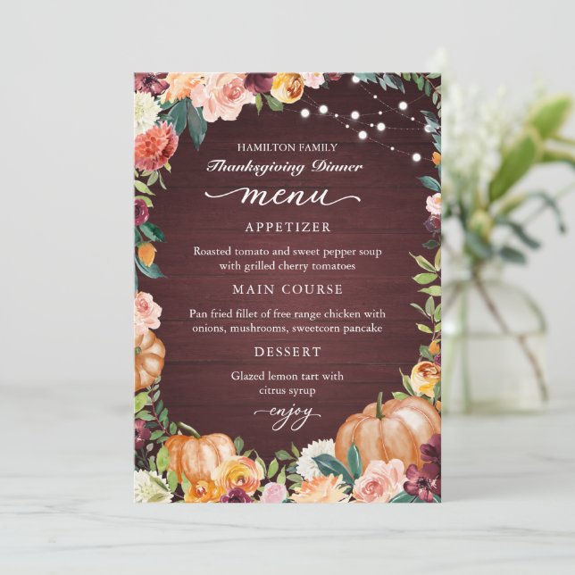 Autumn Floral Thanksgiving Dinner Menu Card (Standing Front)