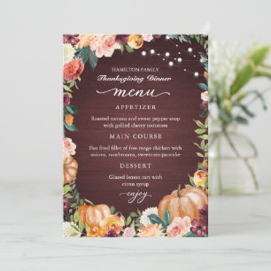 Autumn Floral Thanksgiving Dinner Menu Card