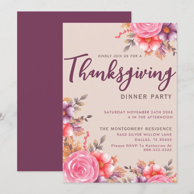 Autumn Floral Thanksgiving Family Dinner Party Invitation (Front/Back)