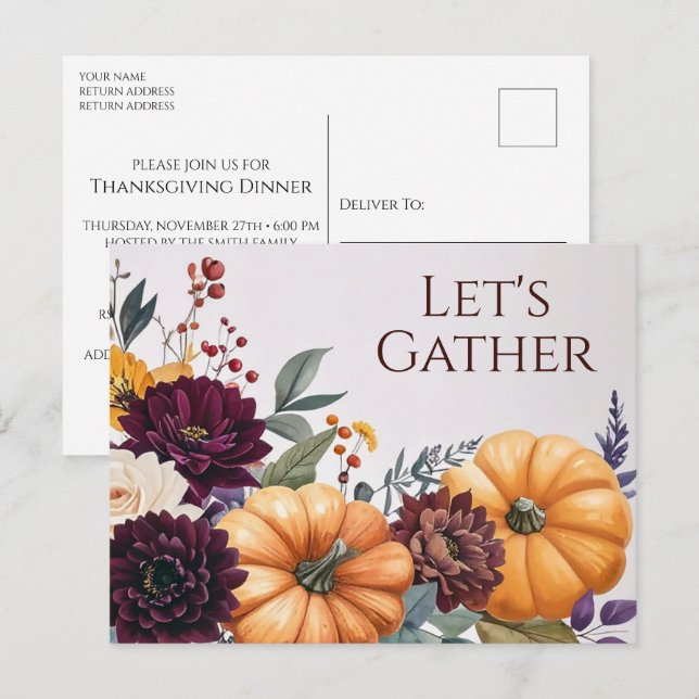Autumn Floral Thanksgiving Invitation Postcard (Front/Back)