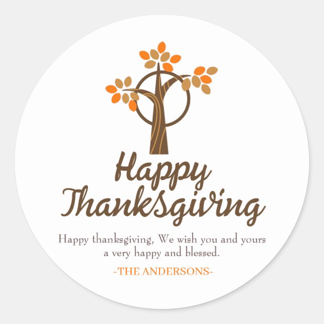 Autumn Floral Tree Happy thanksgiving family Classic Round Sticker (Front)