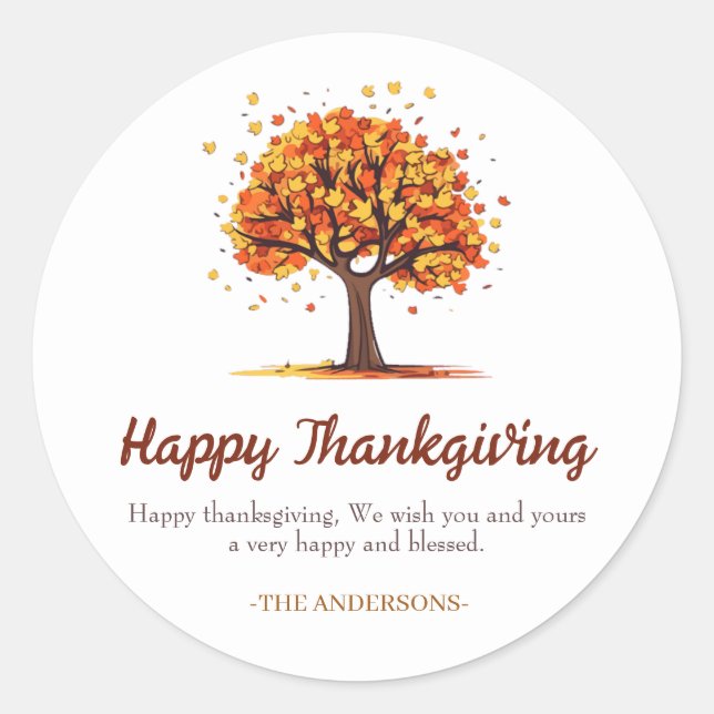 Autumn Floral Tree Happy thanksgiving family Classic Round Sticker (Front)