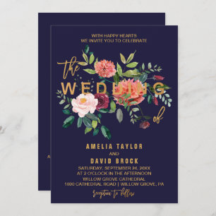 Autumn Floral Typography Details on Back Wedding Invitation