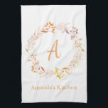 Autumn Floral Watercolor Boho Personalised Name Tea Towel<br><div class="desc">Kitchen towel with pretty hand painted watercolor floral wreath in lovely fall colours,  personalised with your name and initial.</div>