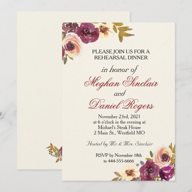 Autumn Floral Watercolor Rehearsal Dinner Invite (Front/Back)