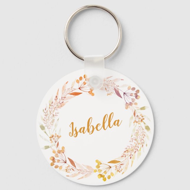 Autumn Floral Watercolor Wreath Boho Personalised  Key Ring (Front)