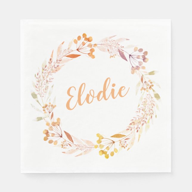 Autumn Floral Watercolor Wreath Boho Personalised  Napkin (Front)