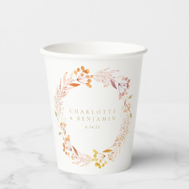 Autumn Floral Watercolor Wreath Boho Personalised  Paper Cups (Front)
