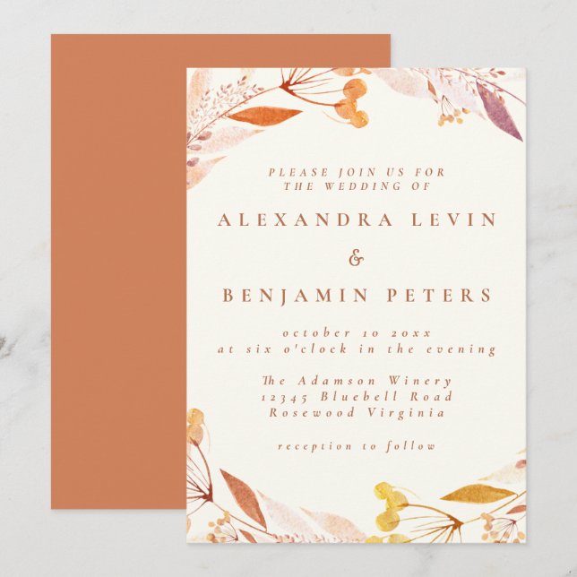 Autumn Floral Watercolor Wreath Boho Wedding Invitation (Front/Back)