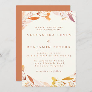 Autumn Floral Watercolor Wreath Boho Wedding Invitation