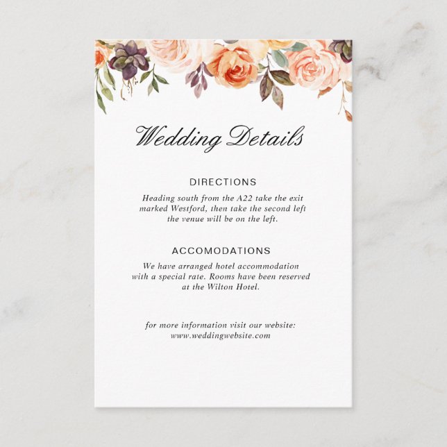 autumn floral wedding details card (Front)