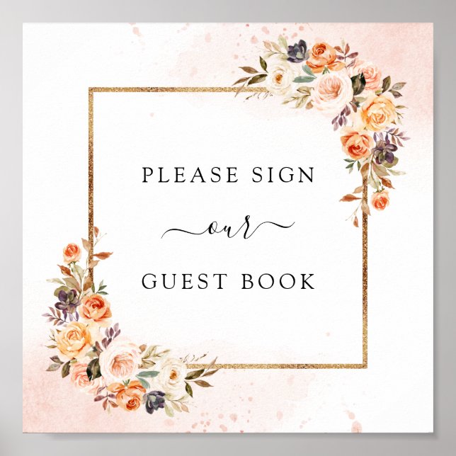 Autumn Floral Wedding Guest Book Square Sign (Front)