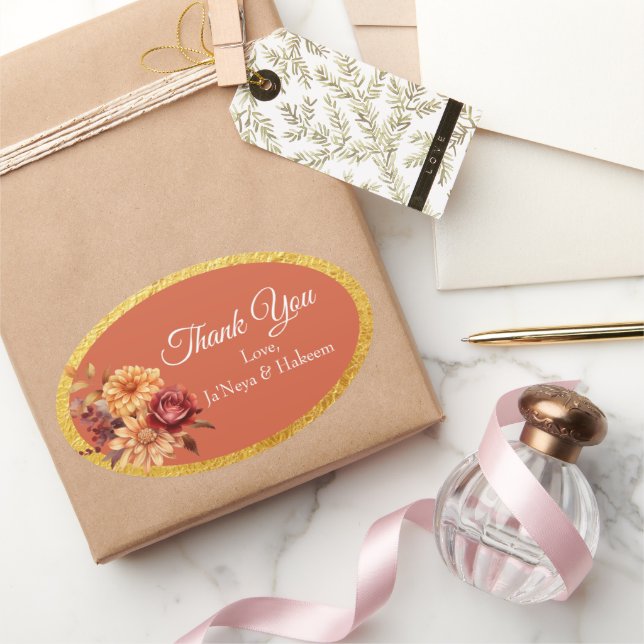 Autumn Floral Wedding  Oval Sticker (Gifting)