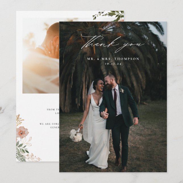 Autumn Floral Wedding Photo Thank You Card (Front/Back)
