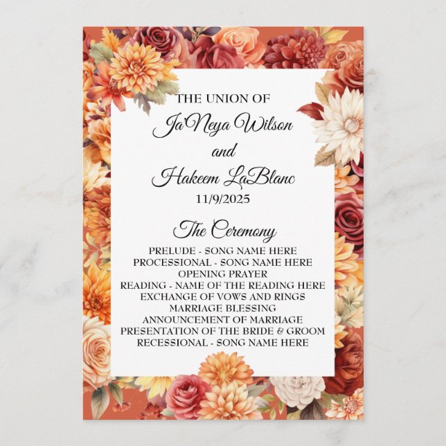 Autumn Floral Wedding Program Programme (Front)