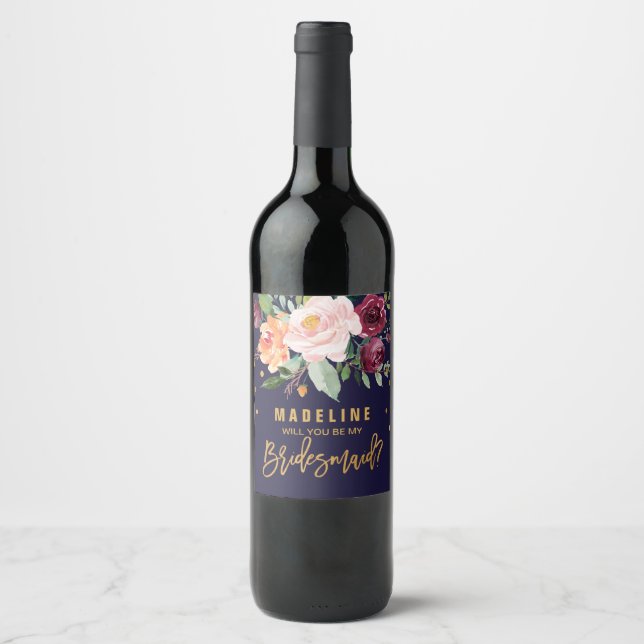 Autumn Floral Will You Be My Bridesmaid Wine Label (Front)