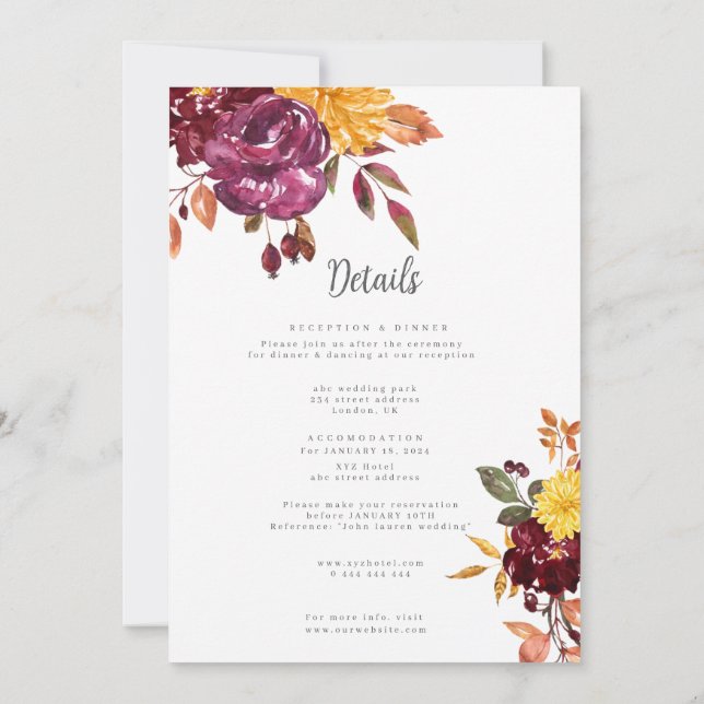 Autumn Floral with BoId watercolor bloom wedding  Invitation (Back)