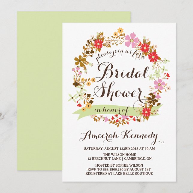 Autumn Floral Wreath Bridal Shower Invitation (Front/Back)