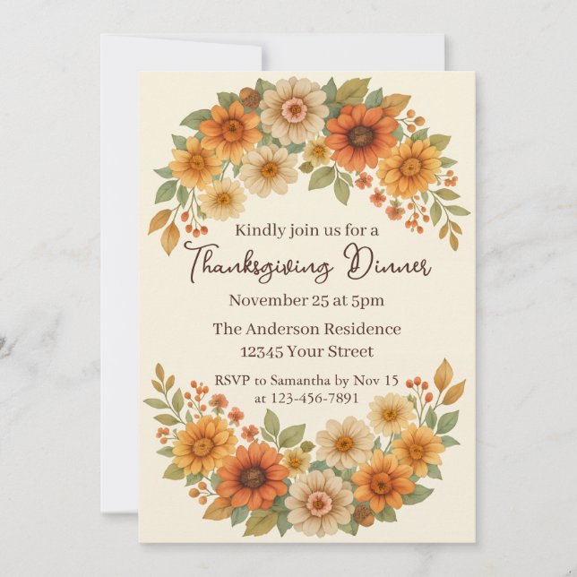 Autumn Floral Wreath - Elegant Thanksgiving Dinner Invitation (Front)