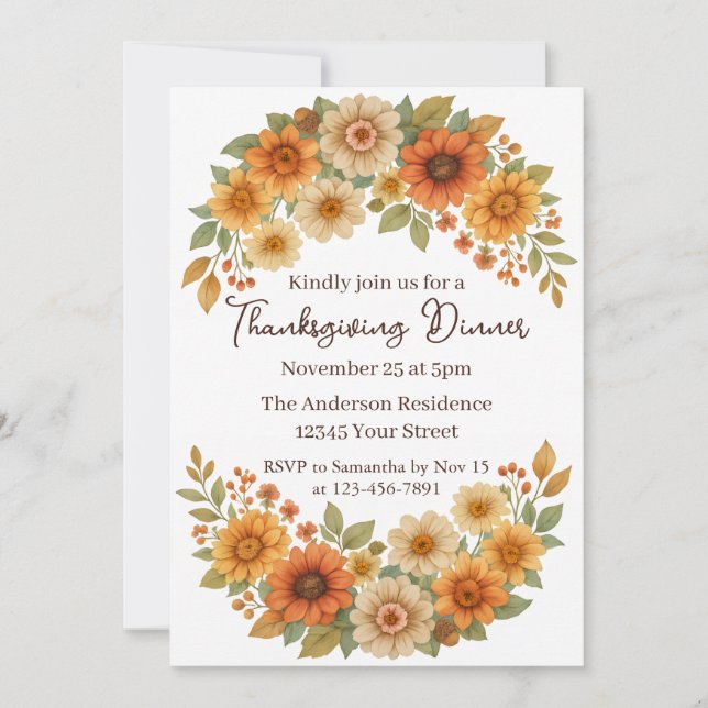 Autumn Floral Wreath - Elegant Thanksgiving Dinner Invitation (Front)